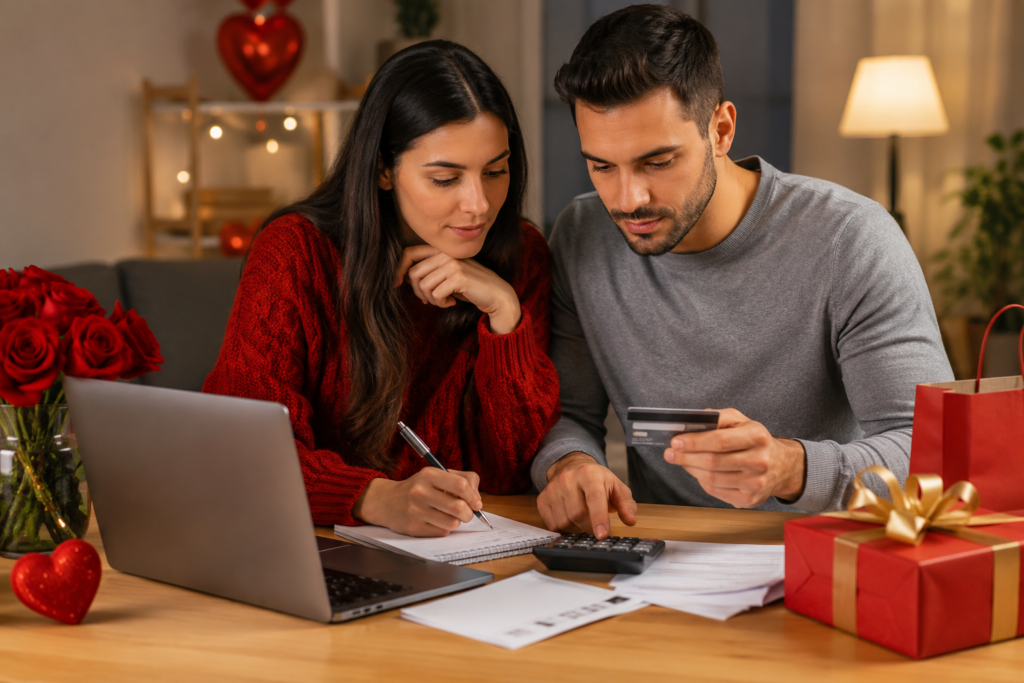 Casal planejando compras do Dia dos Namorados enquanto analisa gastos no cartão de crédito e orçamento doméstico.