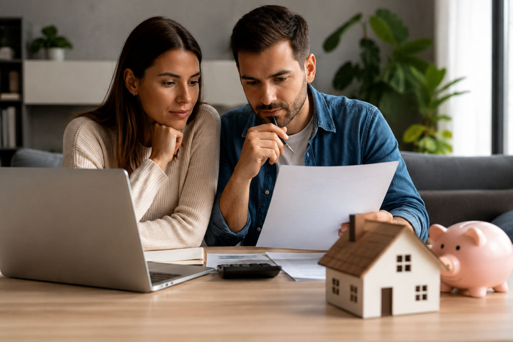 Casal analisando simulação de financiamento imobiliário após redução das taxas de juros do Itaú e Santander.